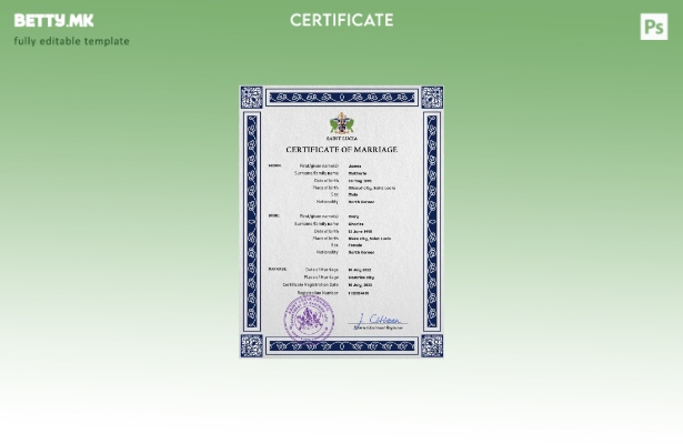 Модерен стил шаблон за PSD сертификат за брак Света Луција